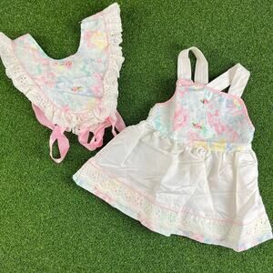 Vintage 90s Y2K Evy Girls Two Piece Removable Collar Floral Lace Trim Dress 3T